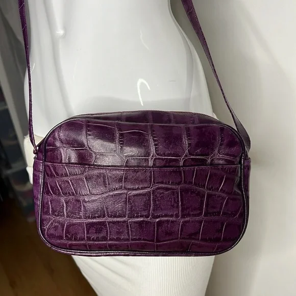 Purple Croc Embossed Leather Made in Italy Shoulder Crossbody Bag - Picture 10 of 14